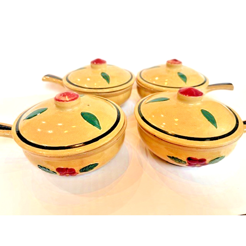 Set 4 Watt Rio Rose Pottery Casserole Crocks & Lid Apple Handle Vintage Bakeware